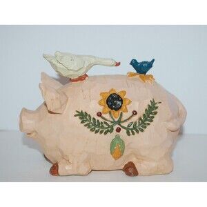 Cute Pig With Goose And Bird On Back And Sunflower Design On His Side Farmhouse